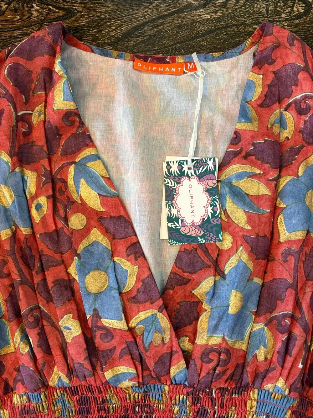 Oliphant V-Neck Smocked Waist Midi Dress Womens M Kildare Red NWT Floral Gold